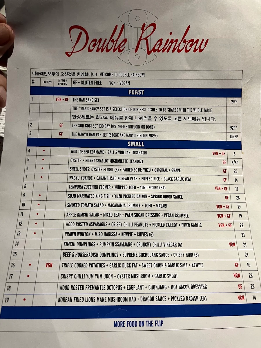 Menu, Double Rainbow Bar & Eating House