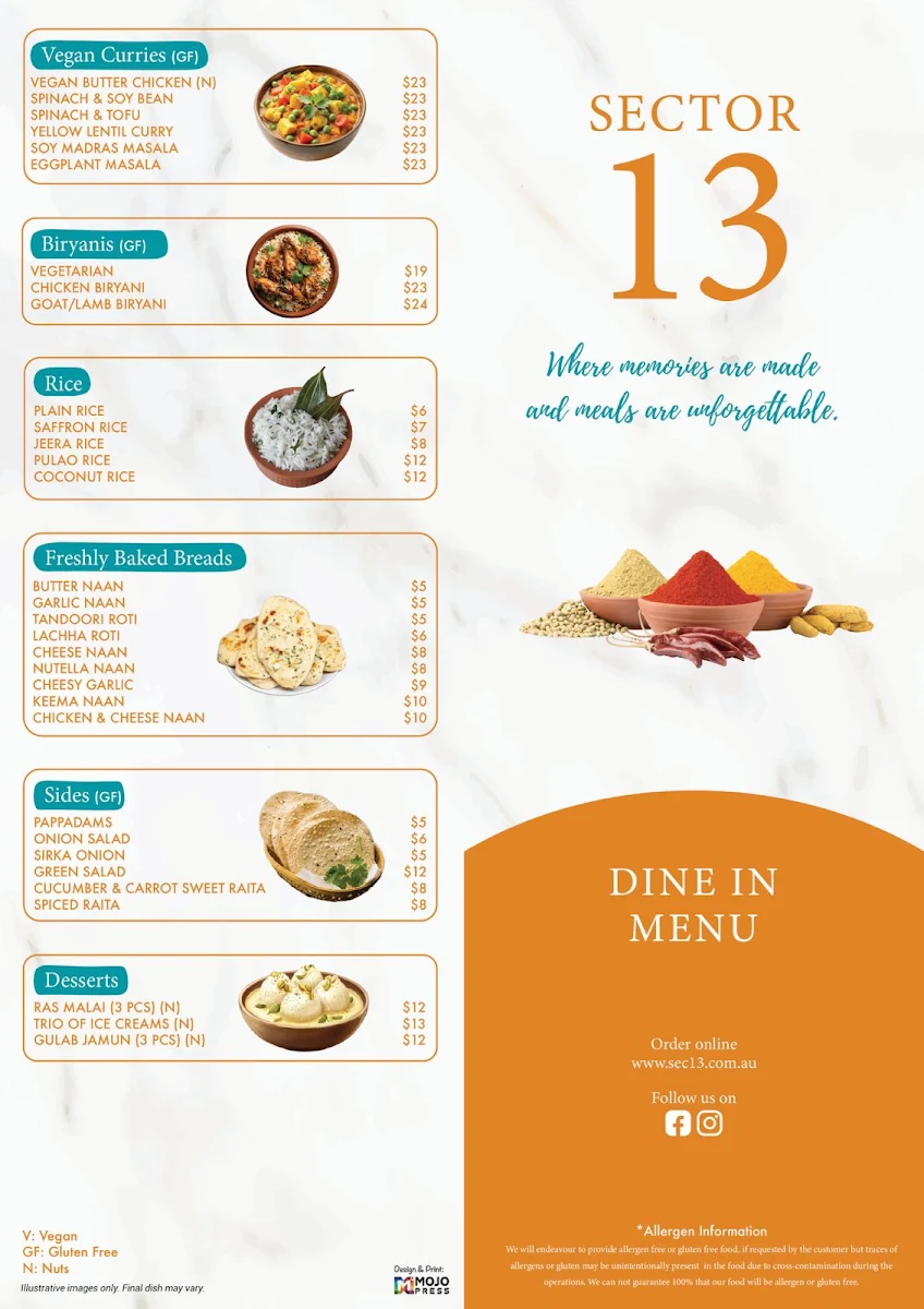Menu, Sec 13 Indian Restaurant & Bar