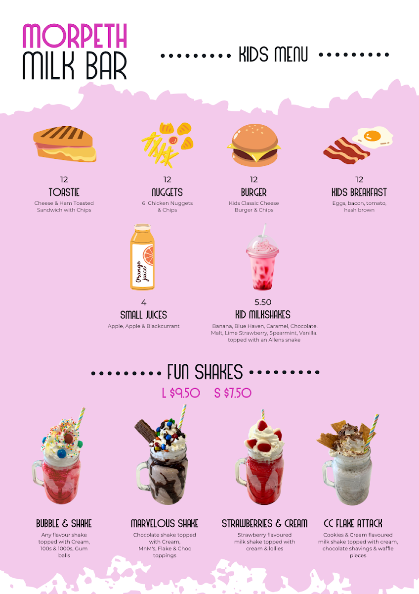 Menu, Morpeth Milk Bar