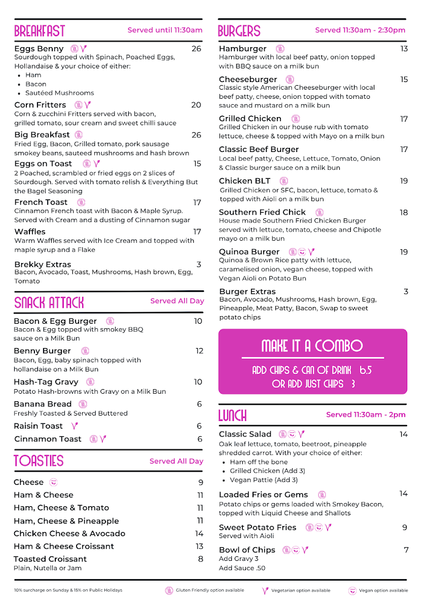 Menu, Morpeth Milk Bar