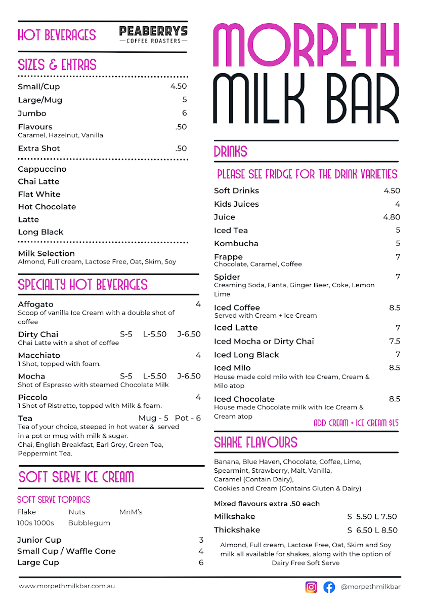 Menu, Morpeth Milk Bar