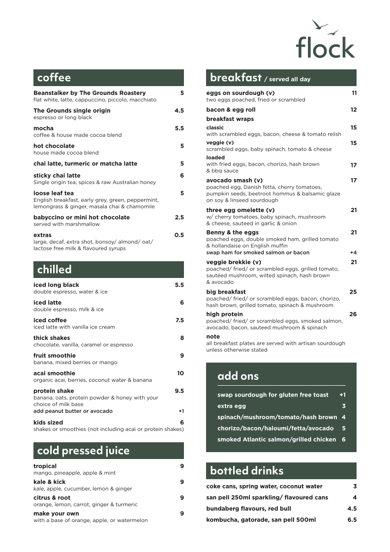 Menu, Flock Eatery & Catering