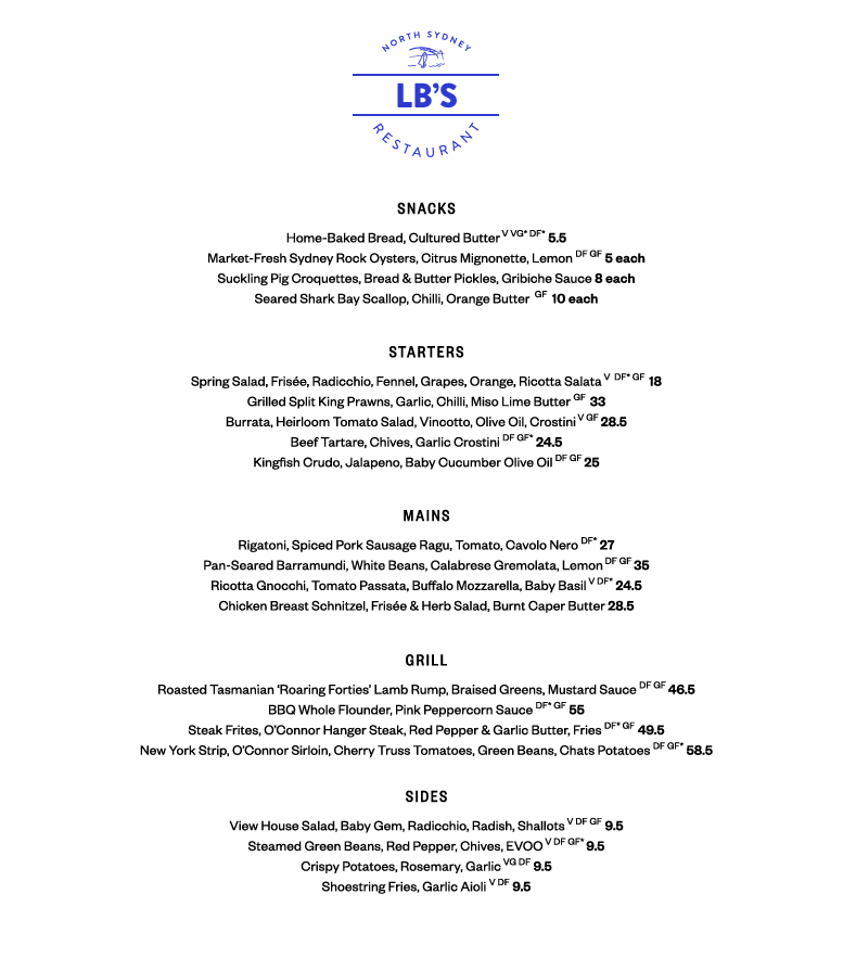 Menu, LB's Restaurant