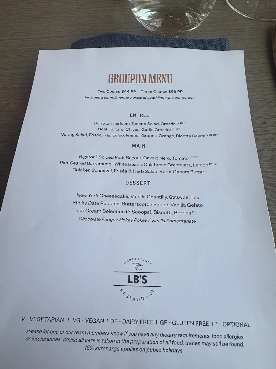 Menu, LB's Restaurant