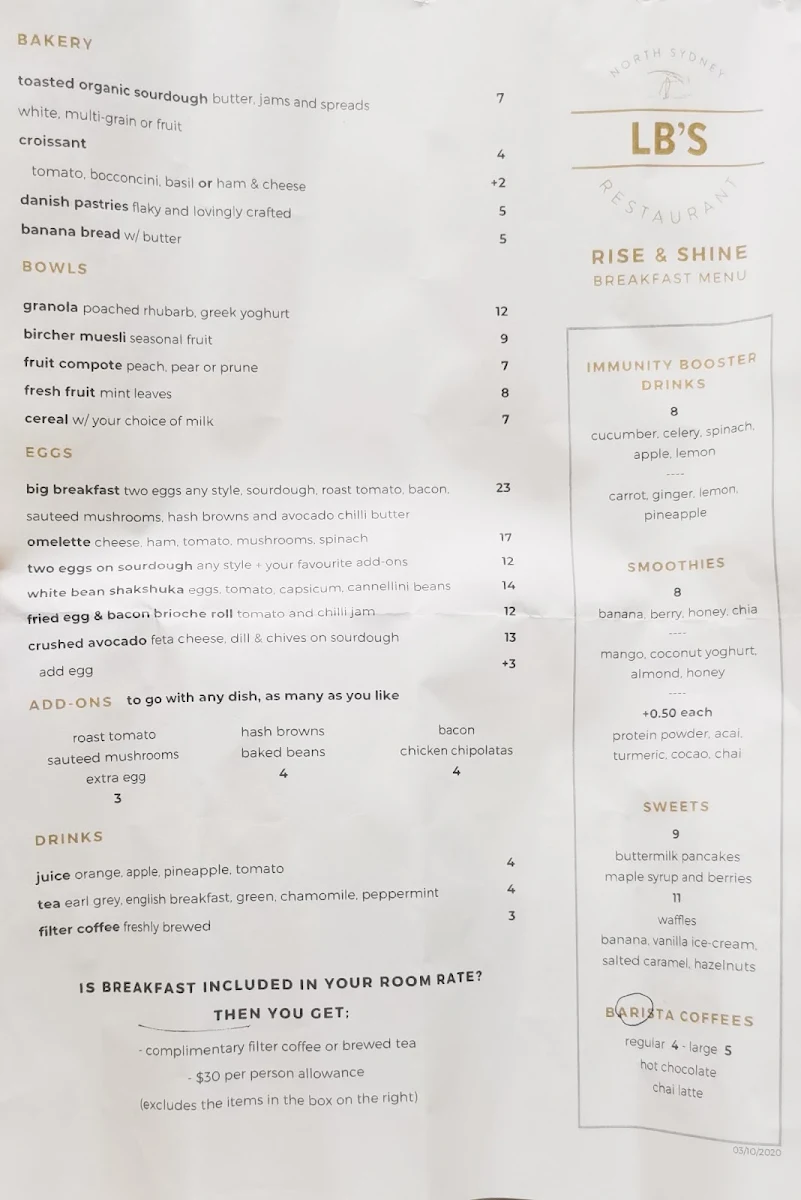 Menu, LB's Restaurant