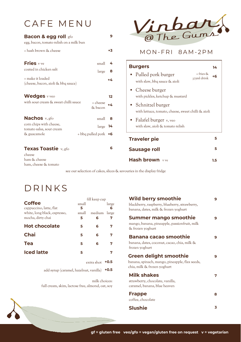 Menu, Vinbar @ The Gums