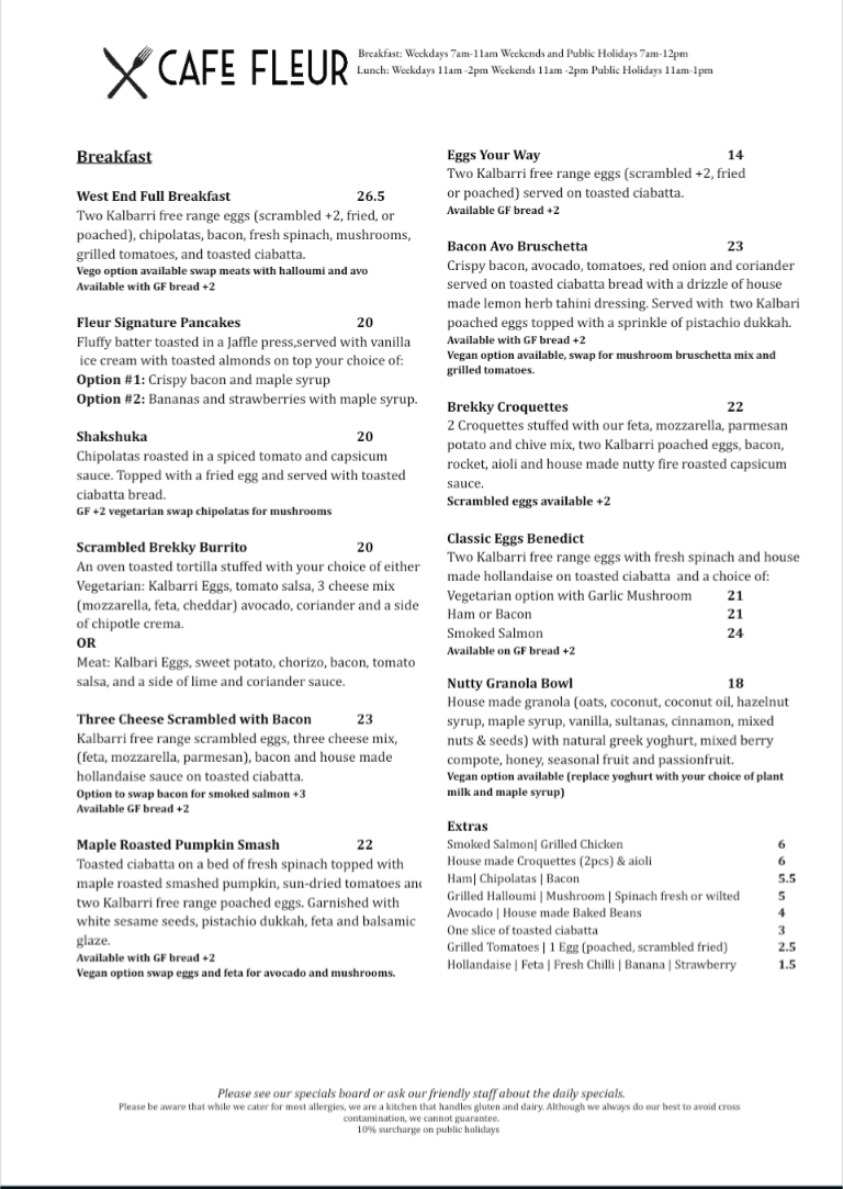 Menu, Cafe Fleur