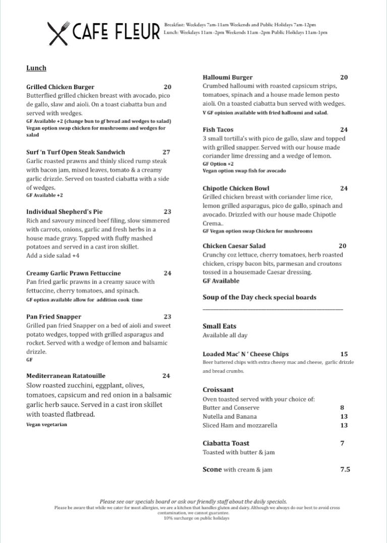 Menu, Cafe Fleur