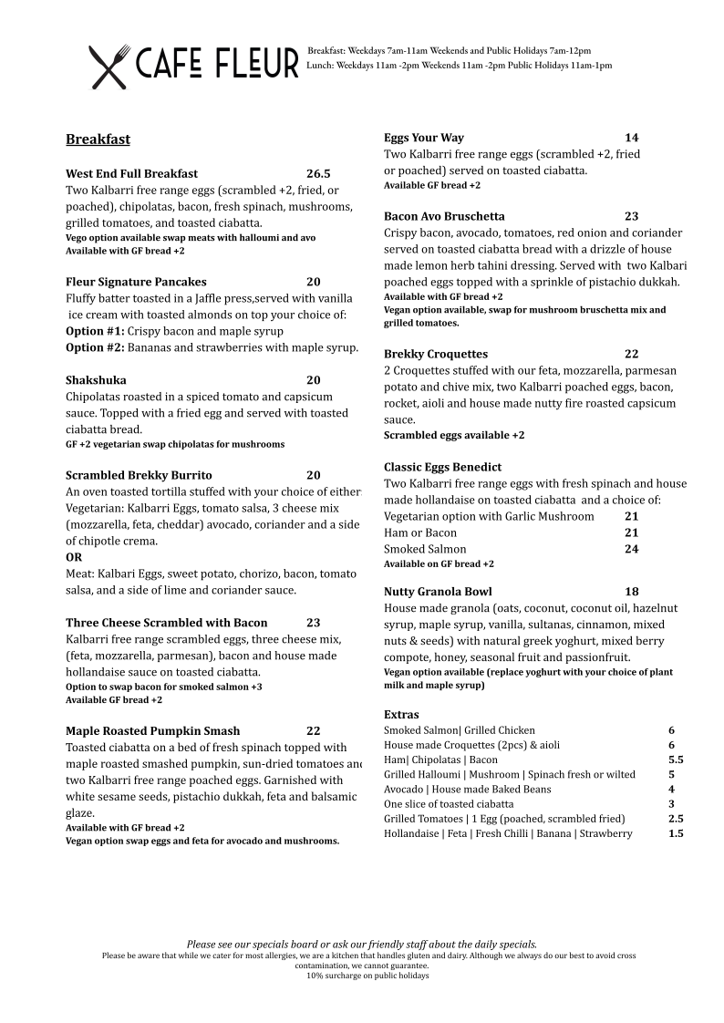 Menu, Cafe Fleur