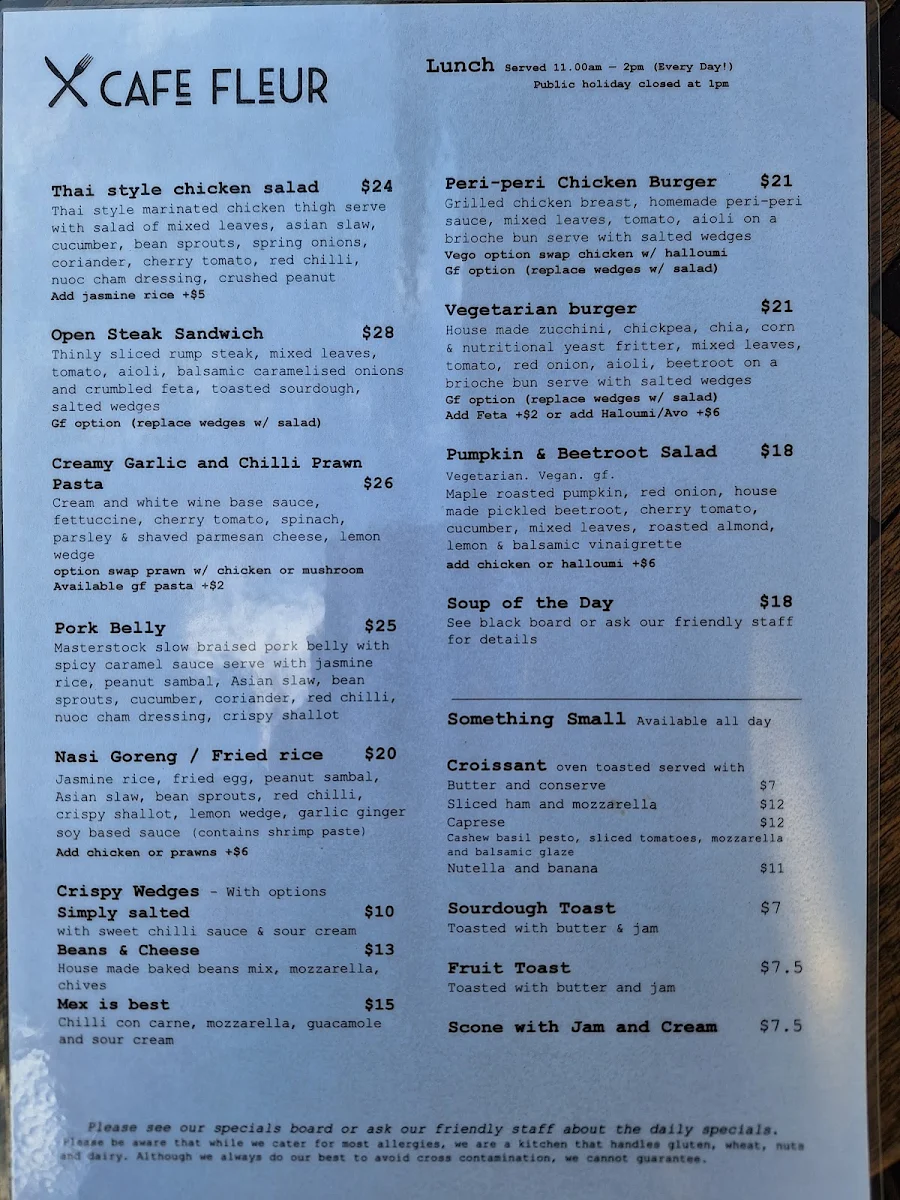 Menu, Cafe Fleur