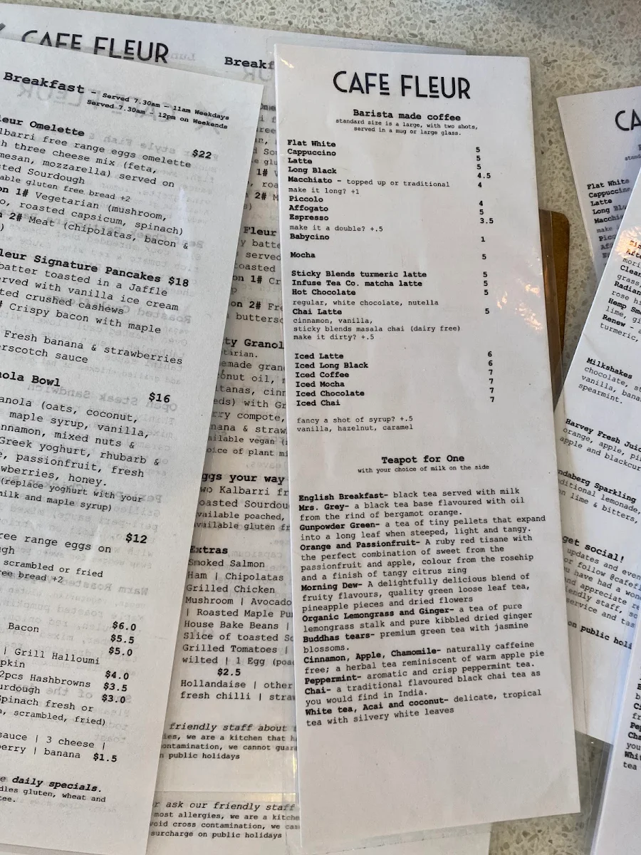 Menu, Cafe Fleur