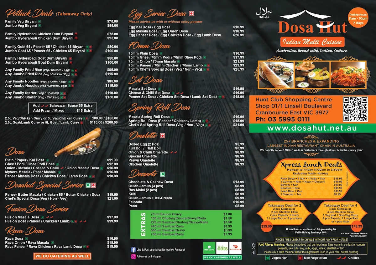 Menu, Dosa Hut - Indian Multi Cuisine Restaurant Cranbourne
