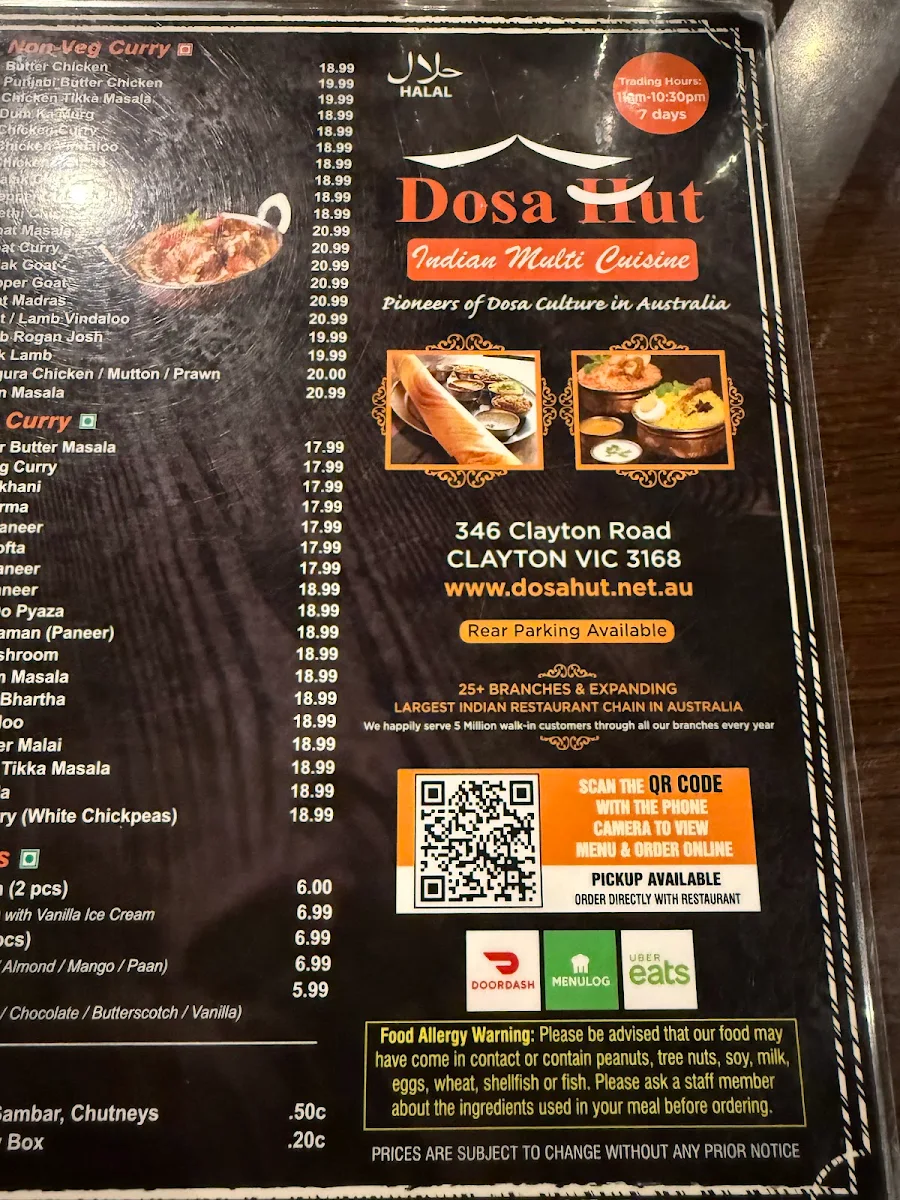 Menu, Dosa Hut - Indian Multi Cuisine Restaurant Cranbourne