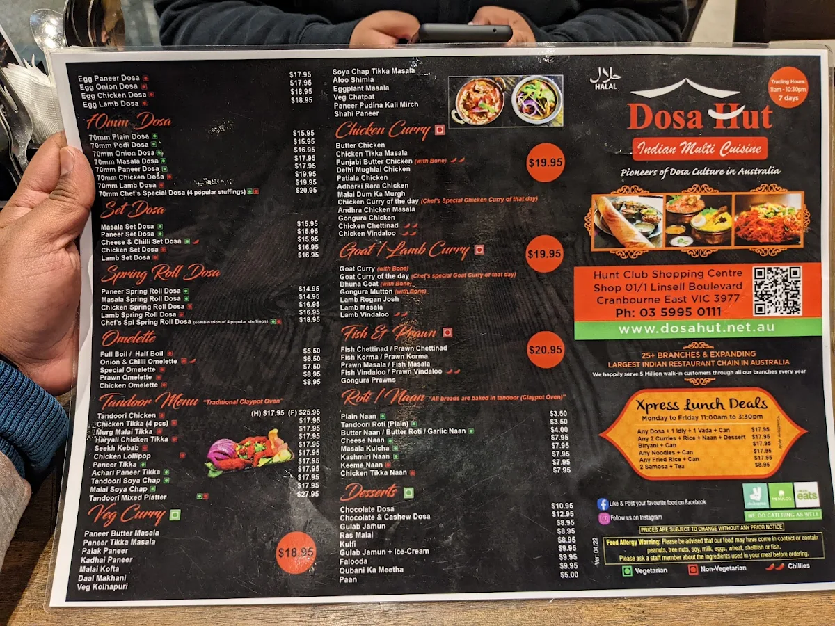 Menu, Dosa Hut - Indian Multi Cuisine Restaurant Cranbourne