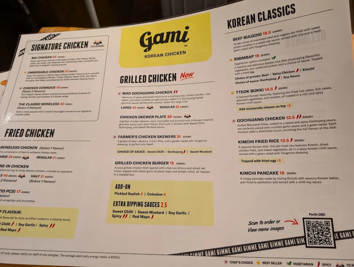 Menu, Gami Chicken & beer