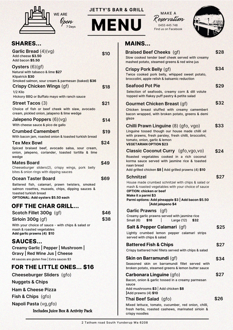 Menu, Jetty's Bar And Grill