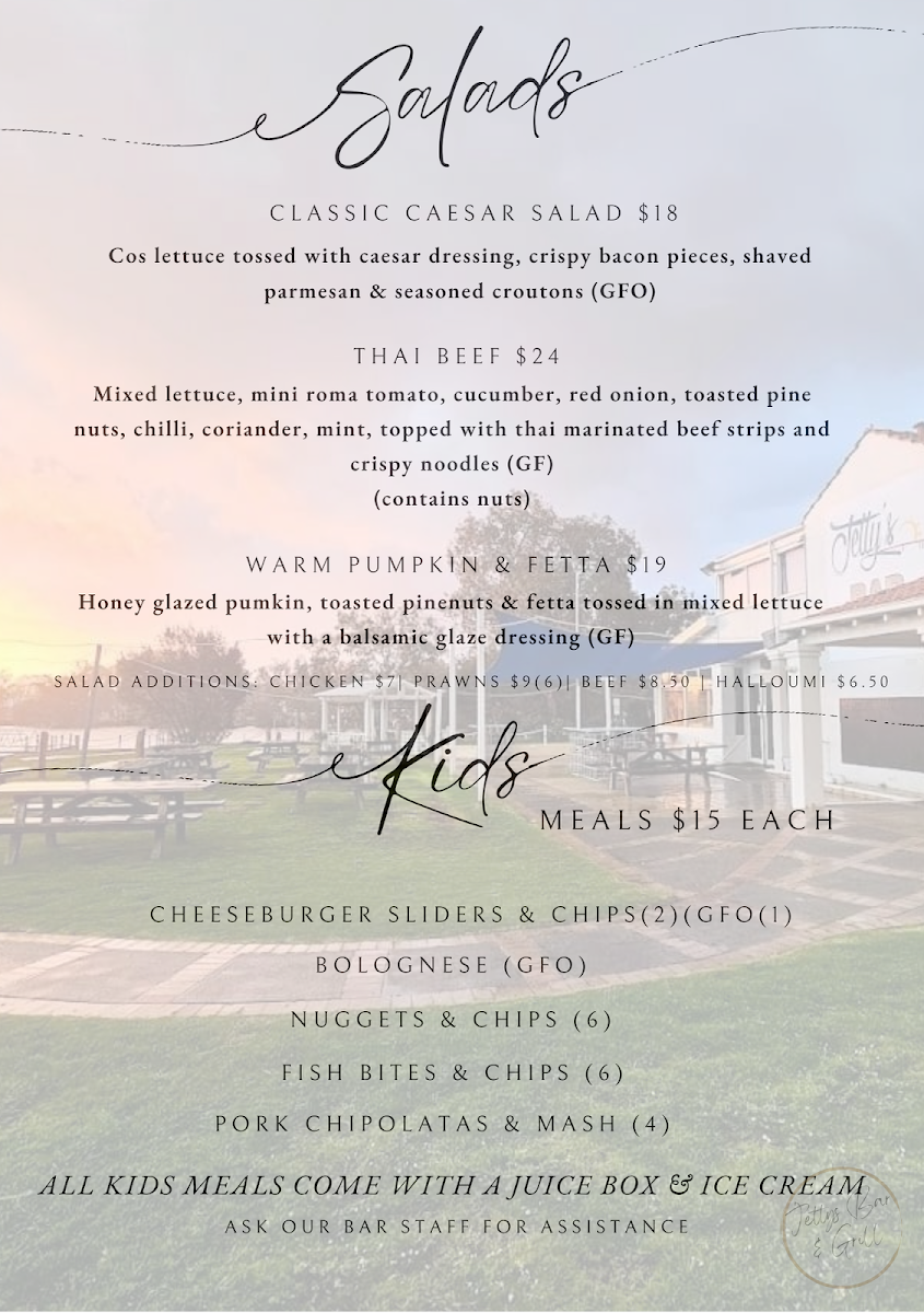Menu, Jetty's Bar And Grill