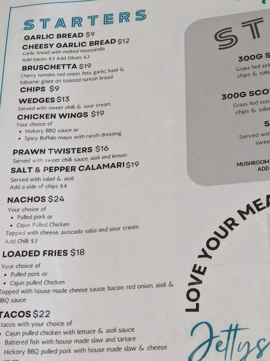 Menu, Jetty's Bar And Grill