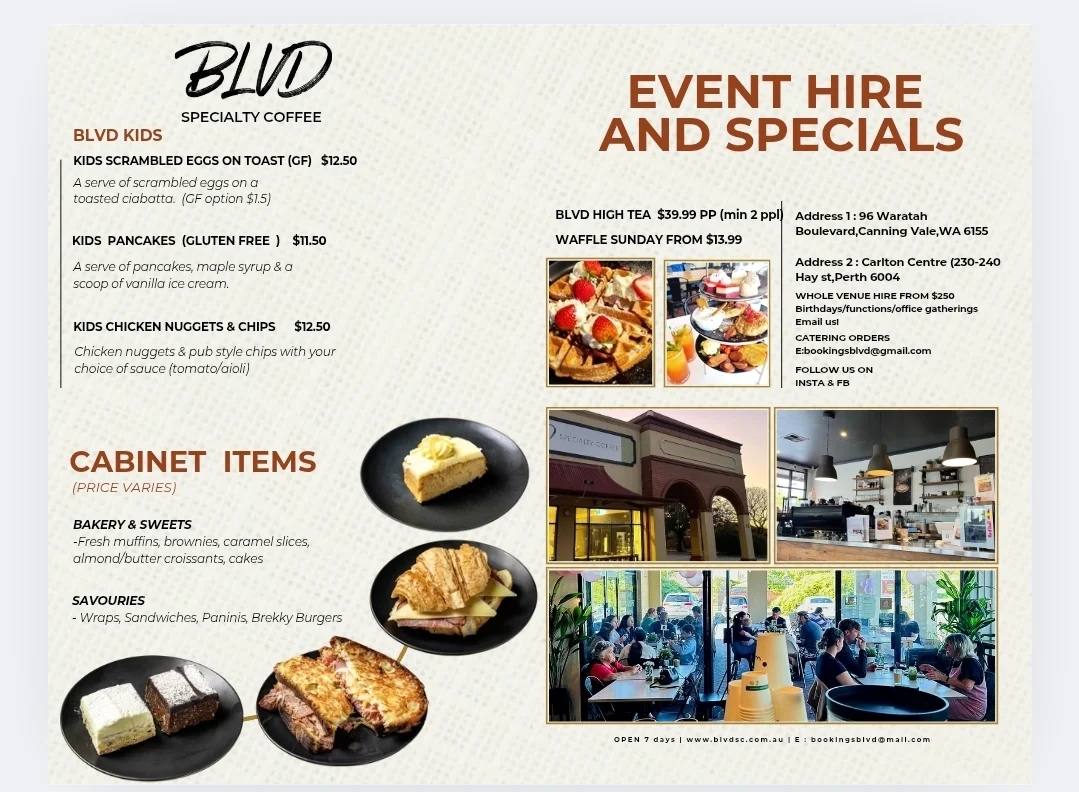 Menu, BLVD Specialty Coffee