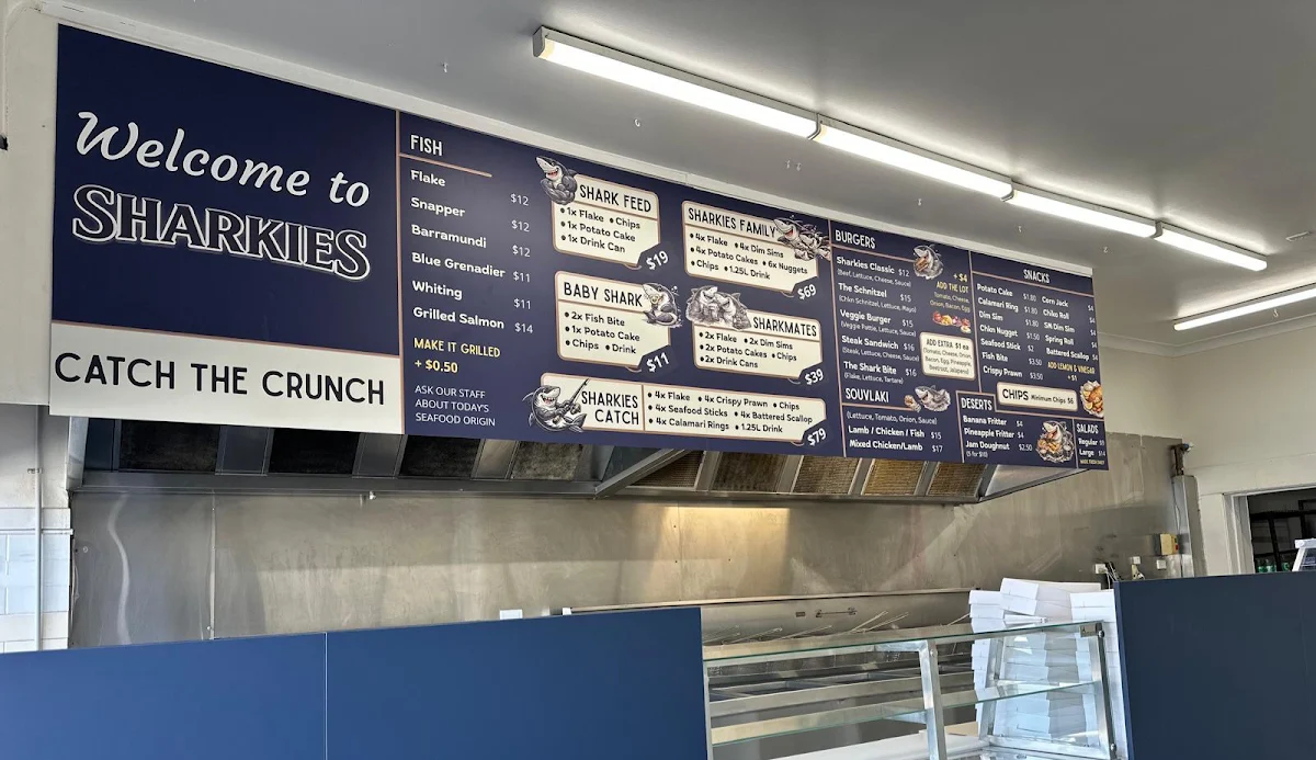 Menu, Sharkies Fish and Chips