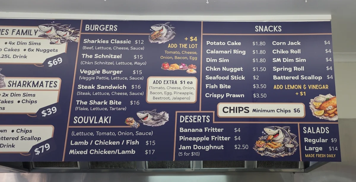 Menu, Sharkies Fish and Chips