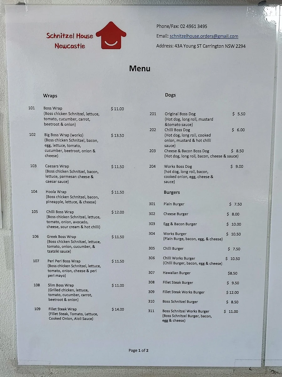 Menu, Schnitzel House Newcastle