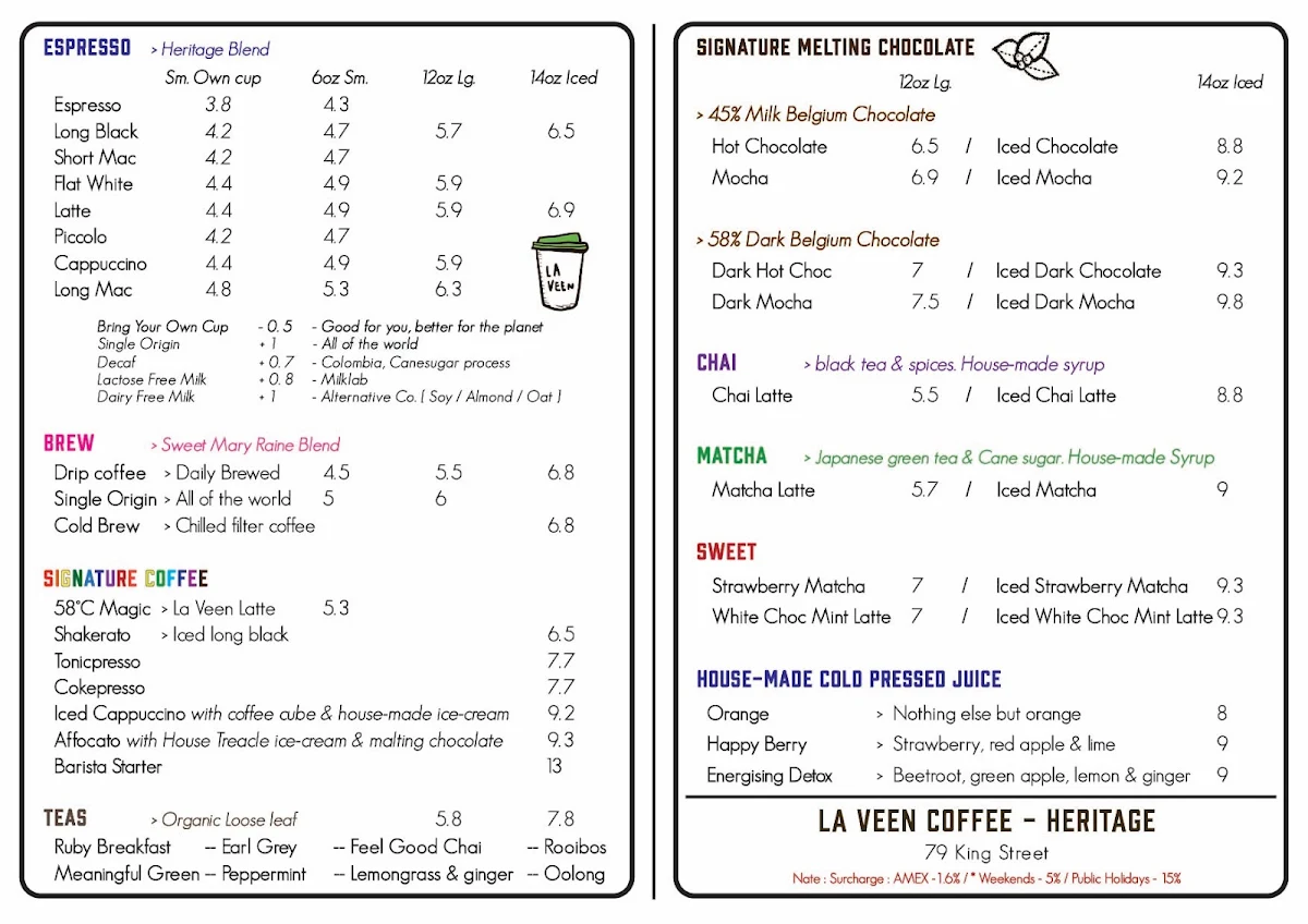 Menu, La Veen Coffee - King Street