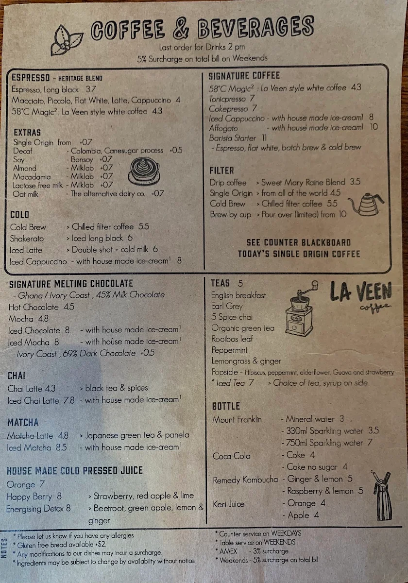 Menu, La Veen Coffee - King Street