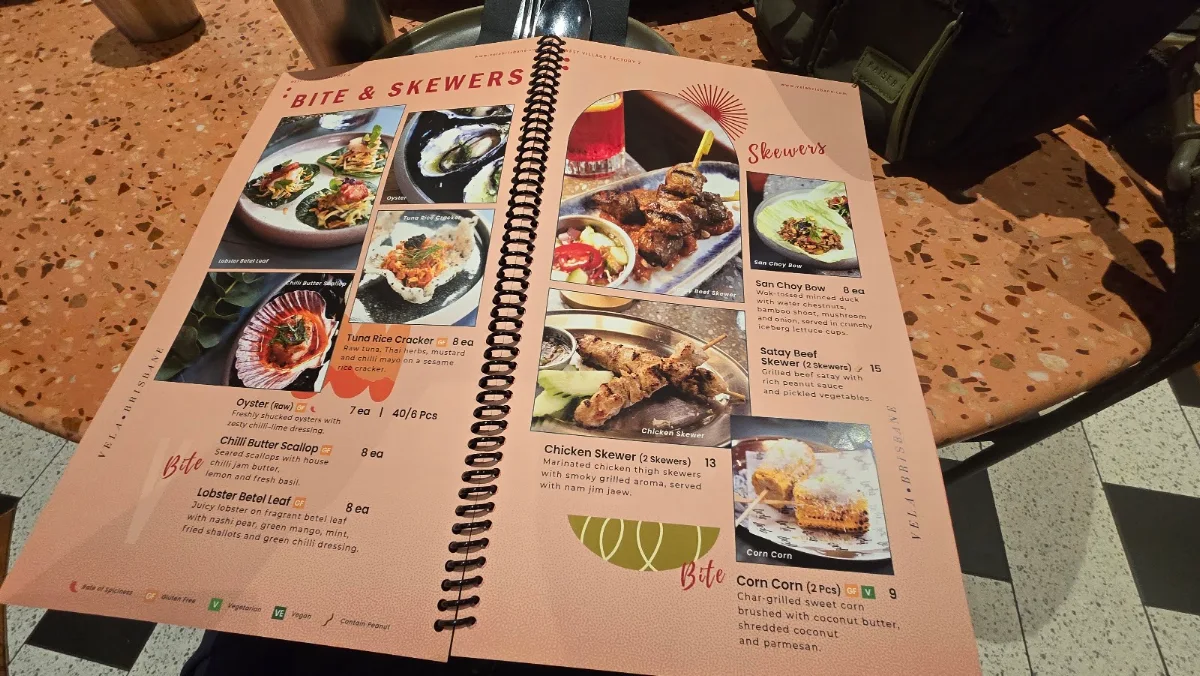 Menu, Vela Restaurant