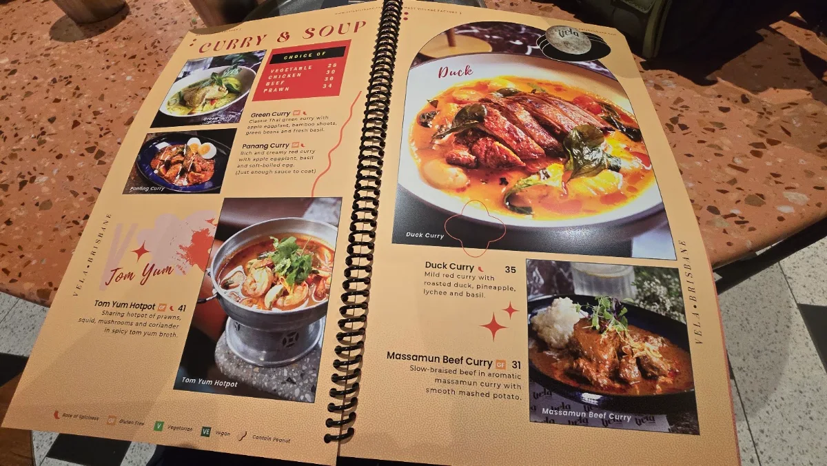 Menu, Vela Restaurant