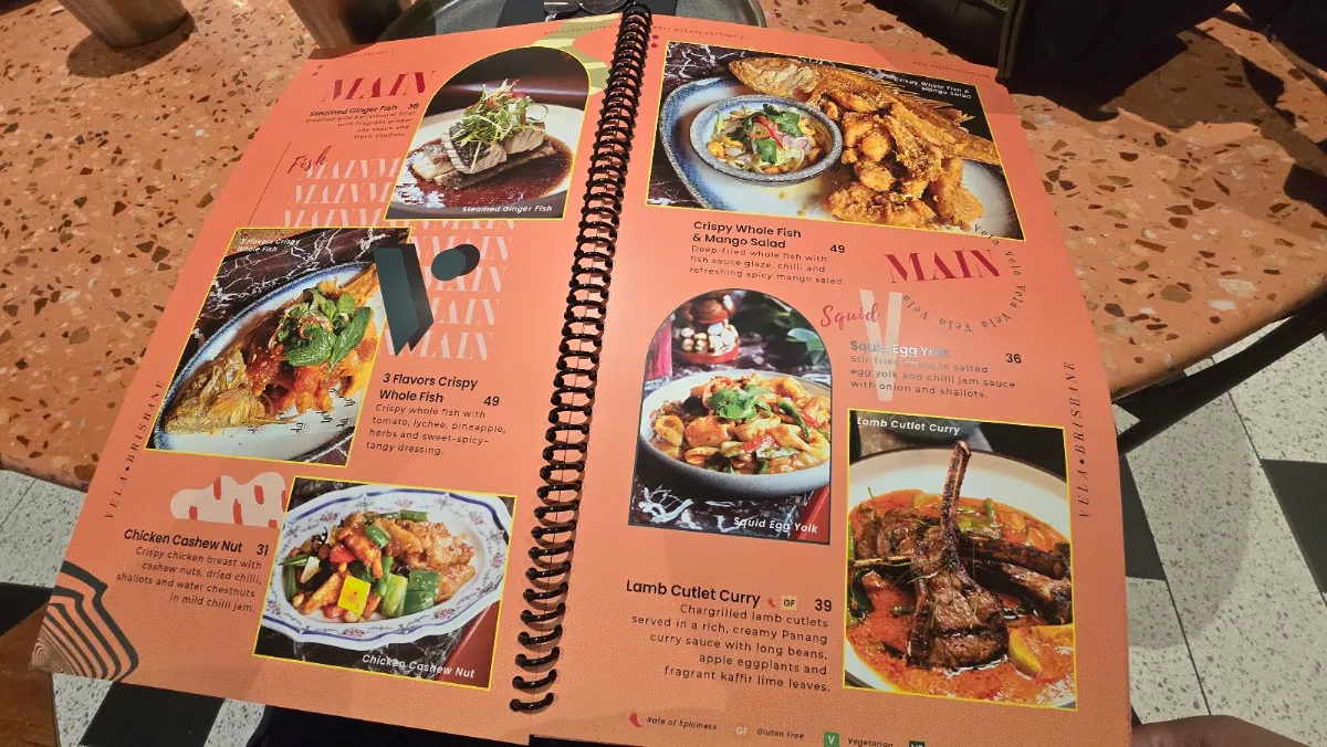 Menu, Vela Restaurant