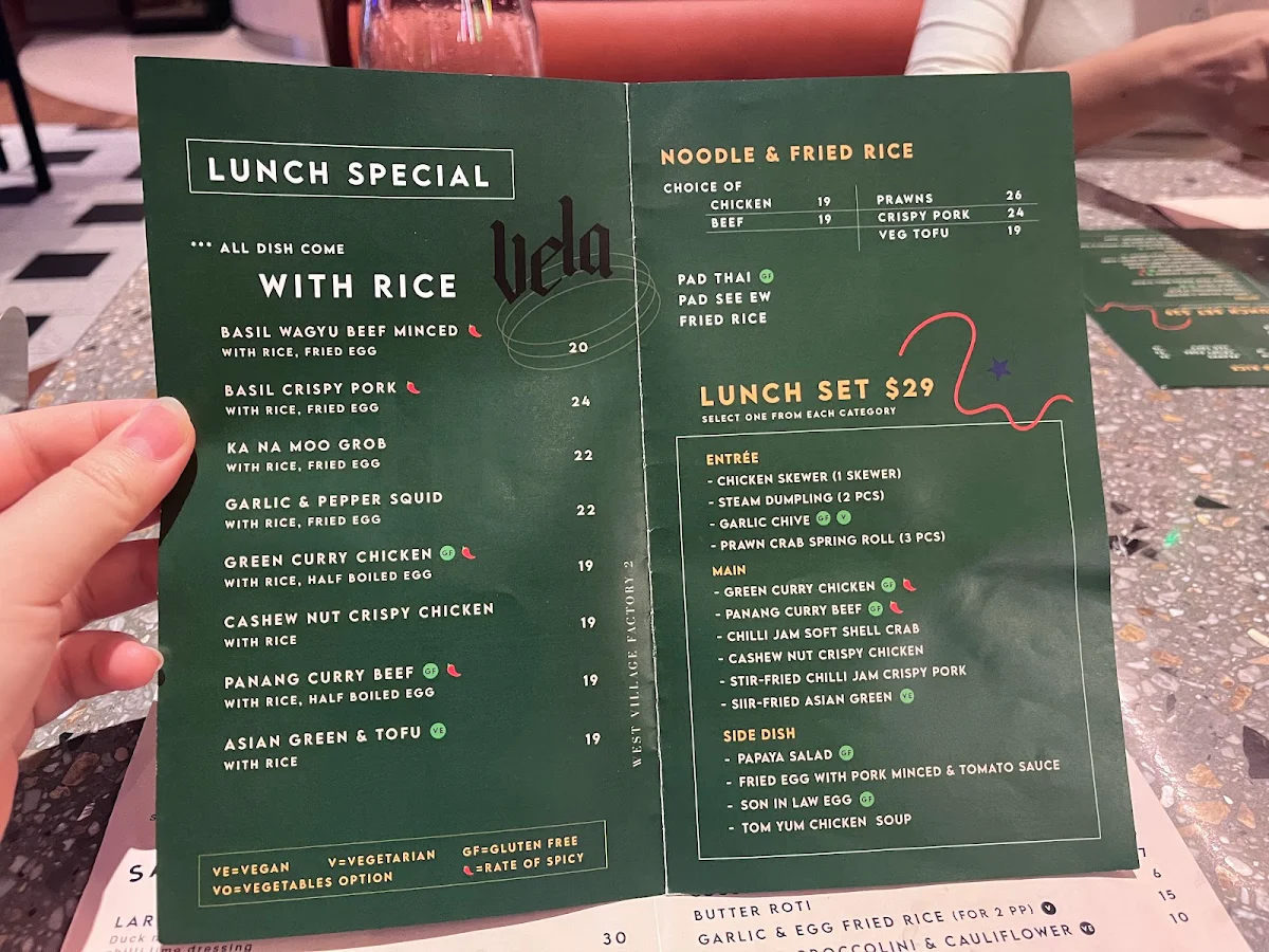 Menu, Vela Restaurant