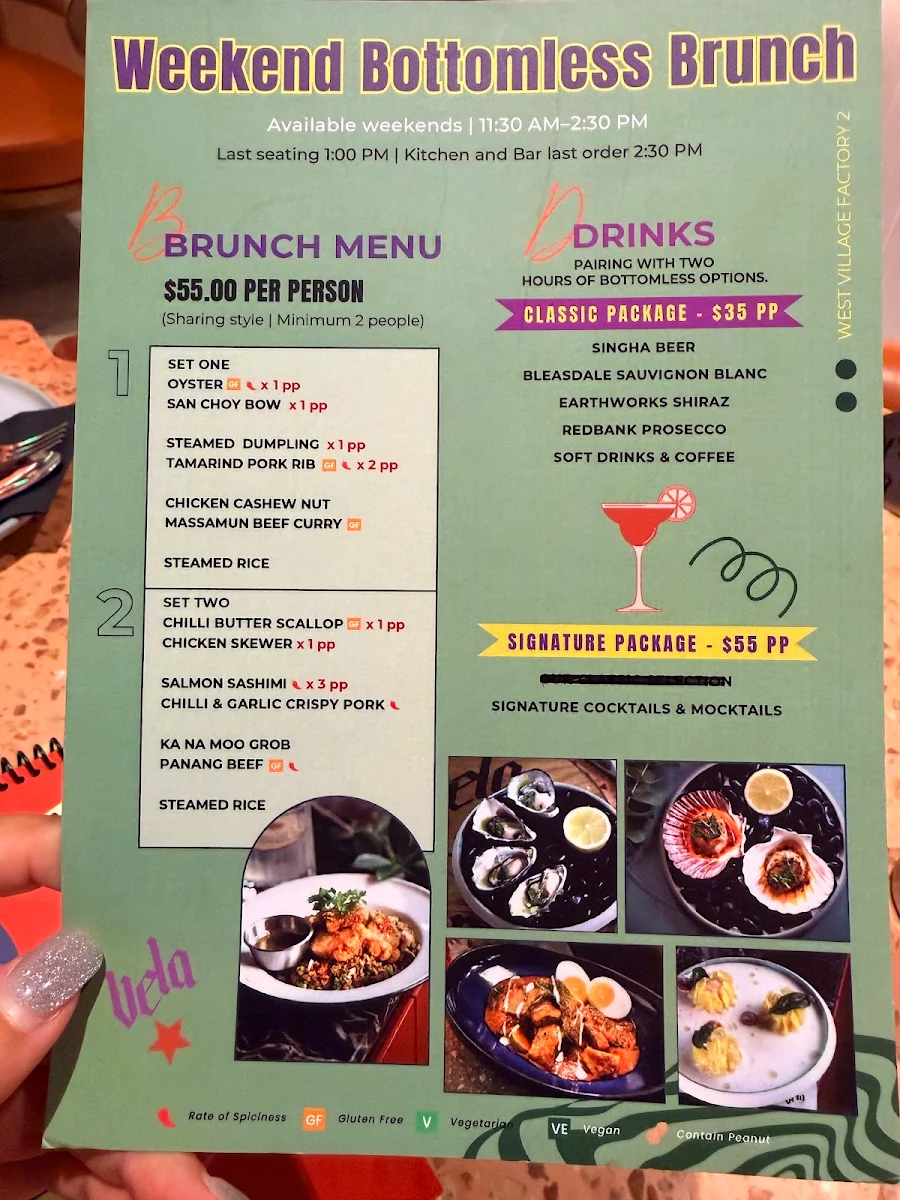 Menu, Vela Restaurant
