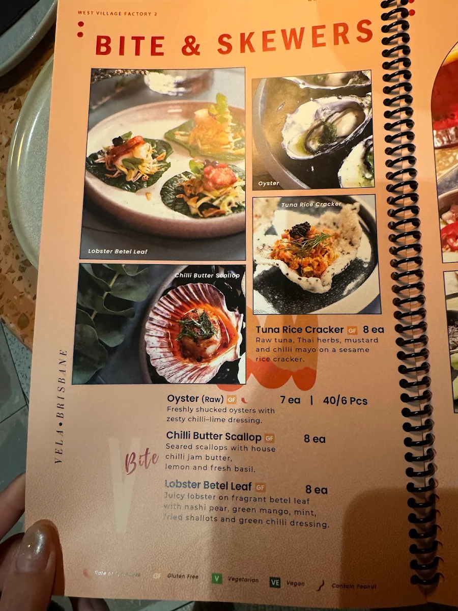 Menu, Vela Restaurant