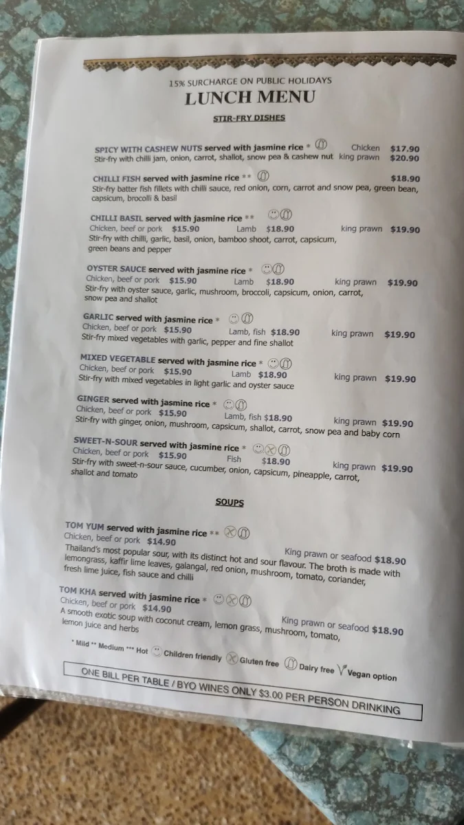 Menu, Wung Nam Thai Water Palace