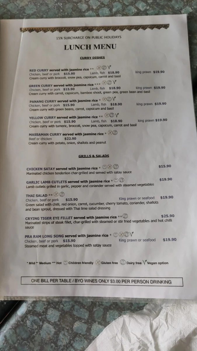 Menu, Wung Nam Thai Water Palace