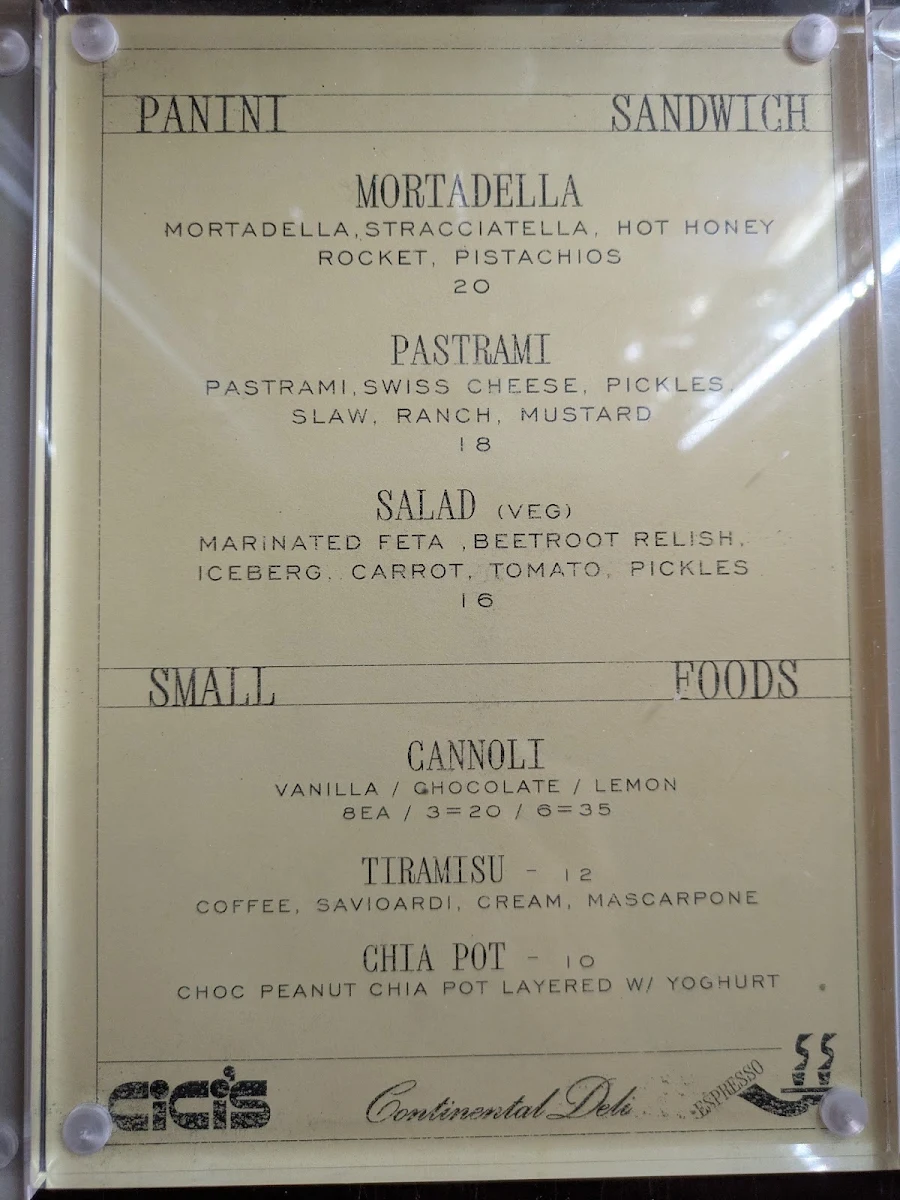Menu, Cicis Continental Deli