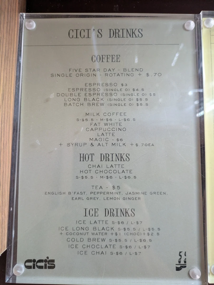 Menu, Cicis Continental Deli