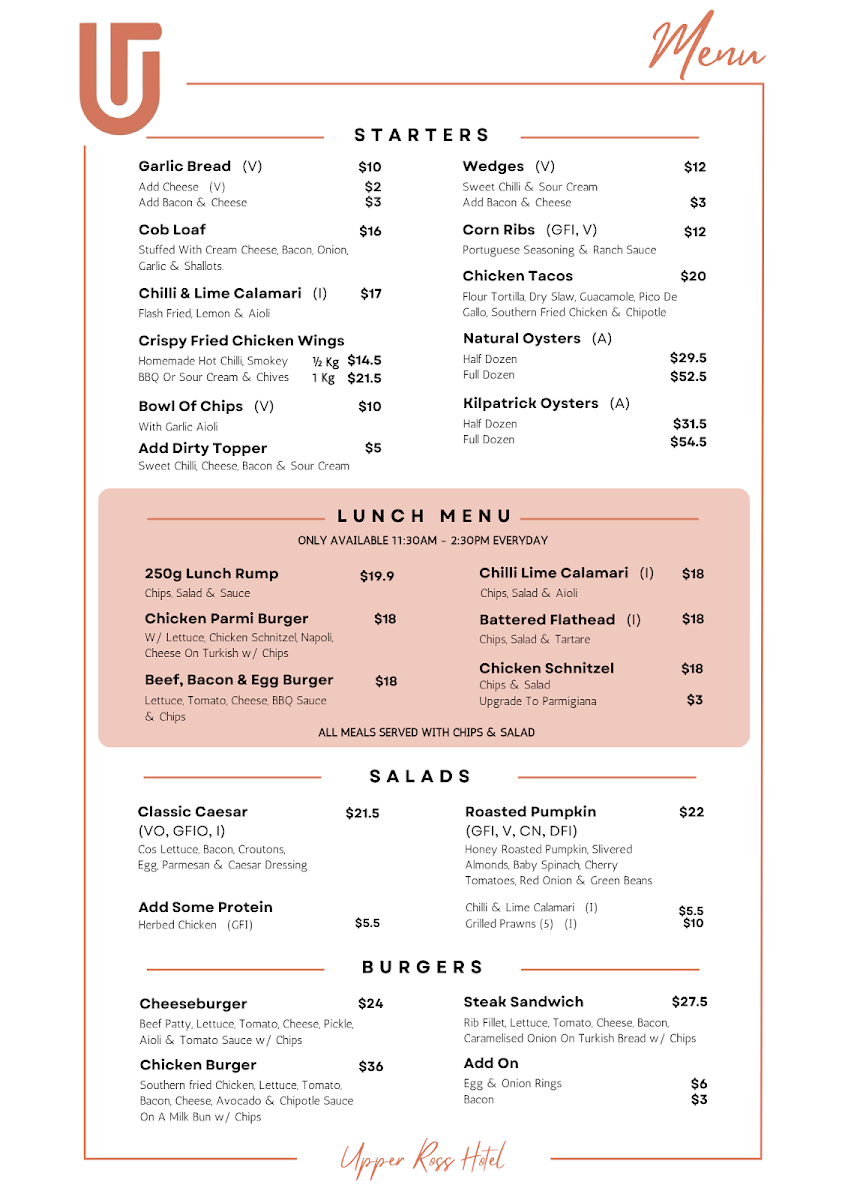 Menu, Upper Ross Hotel
