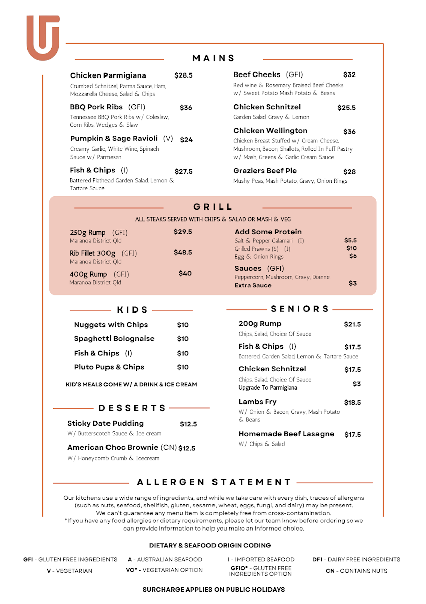 Menu, Upper Ross Hotel