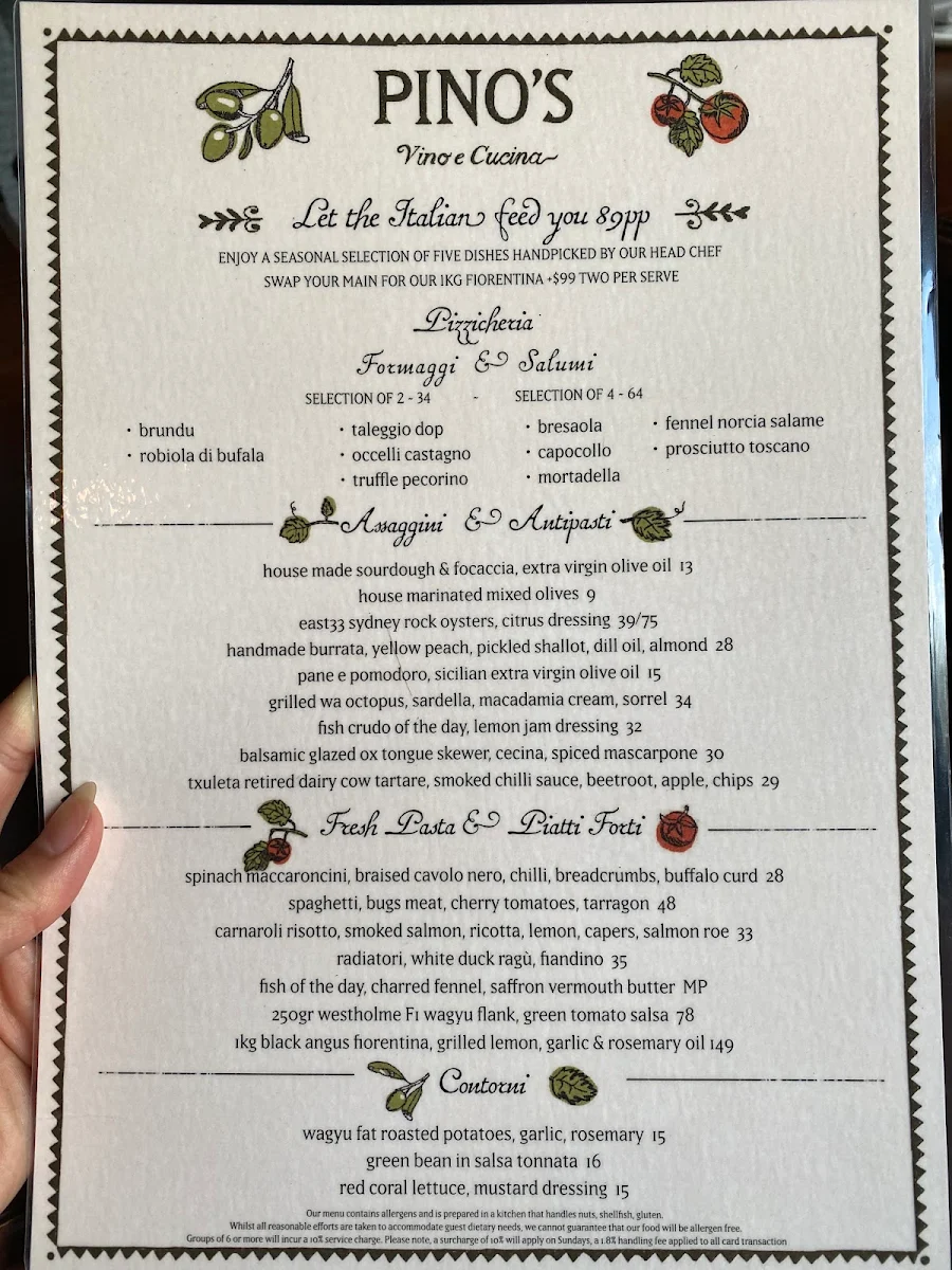 Menu, Pino Vino e Cucina Alexandria