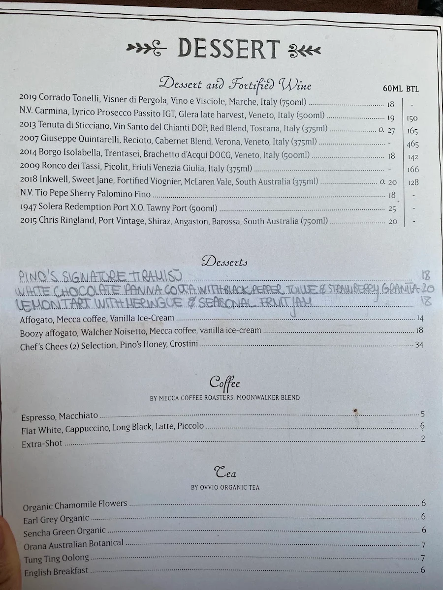Menu, Pino Vino e Cucina Alexandria