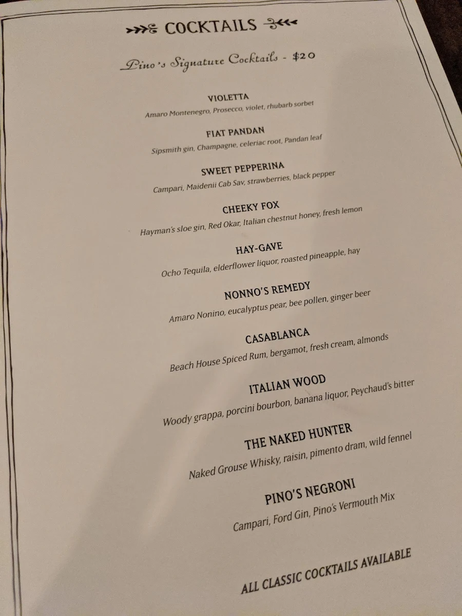 Menu, Pino Vino e Cucina Alexandria