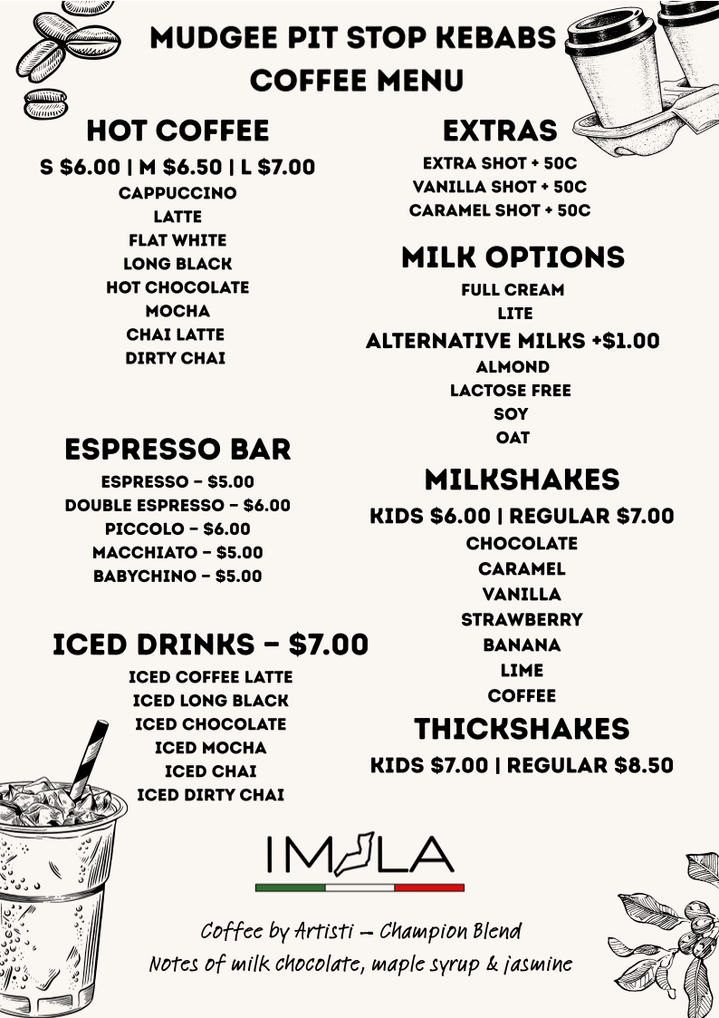 Menu, Mudgee Pit Stop Kebabs