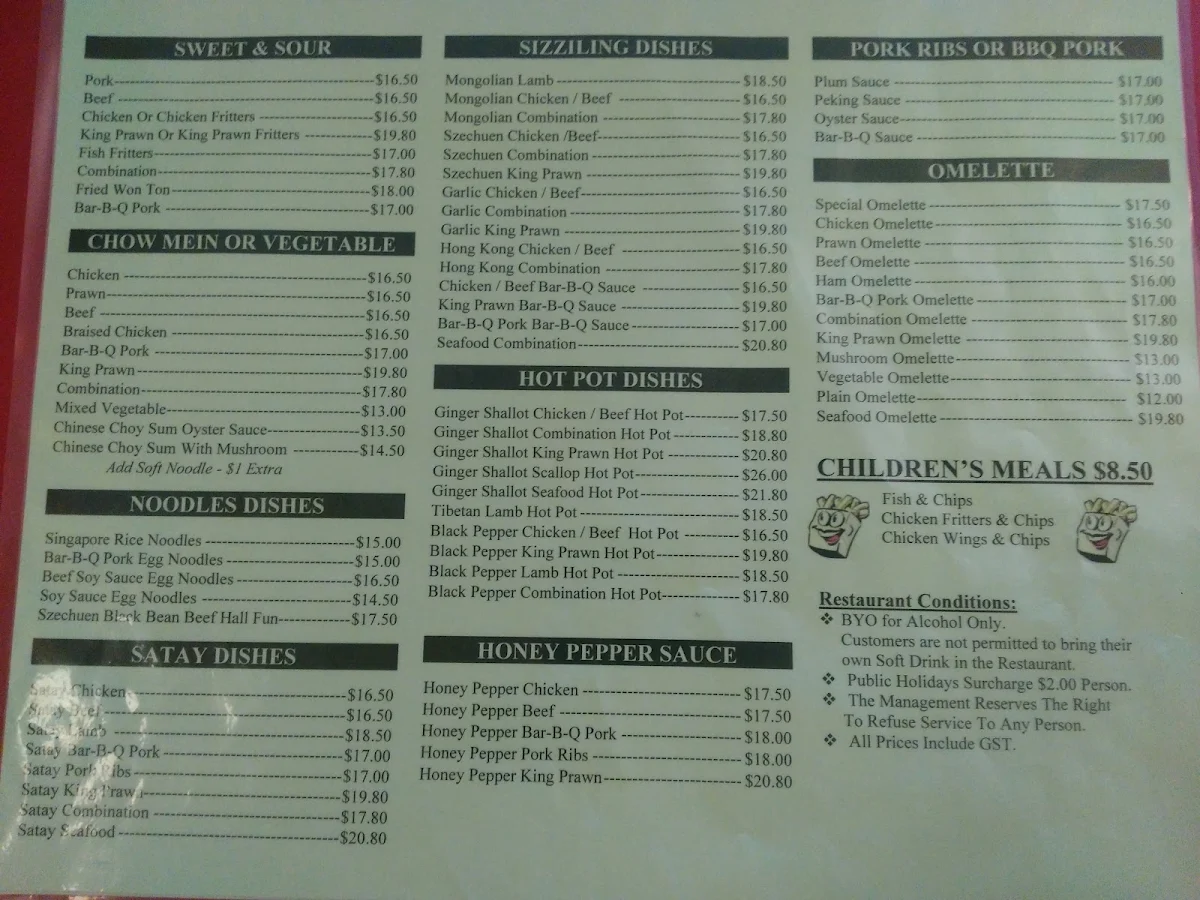 Menu, Tuggerah Inn Chinese Restaurant