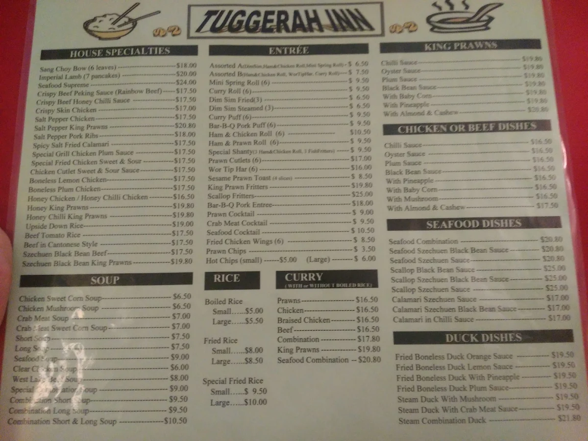 Menu, Tuggerah Inn Chinese Restaurant