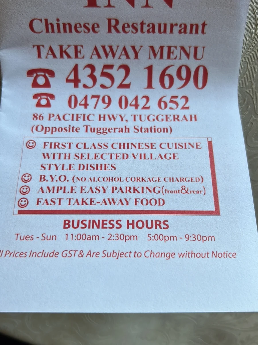 Menu, Tuggerah Inn Chinese Restaurant