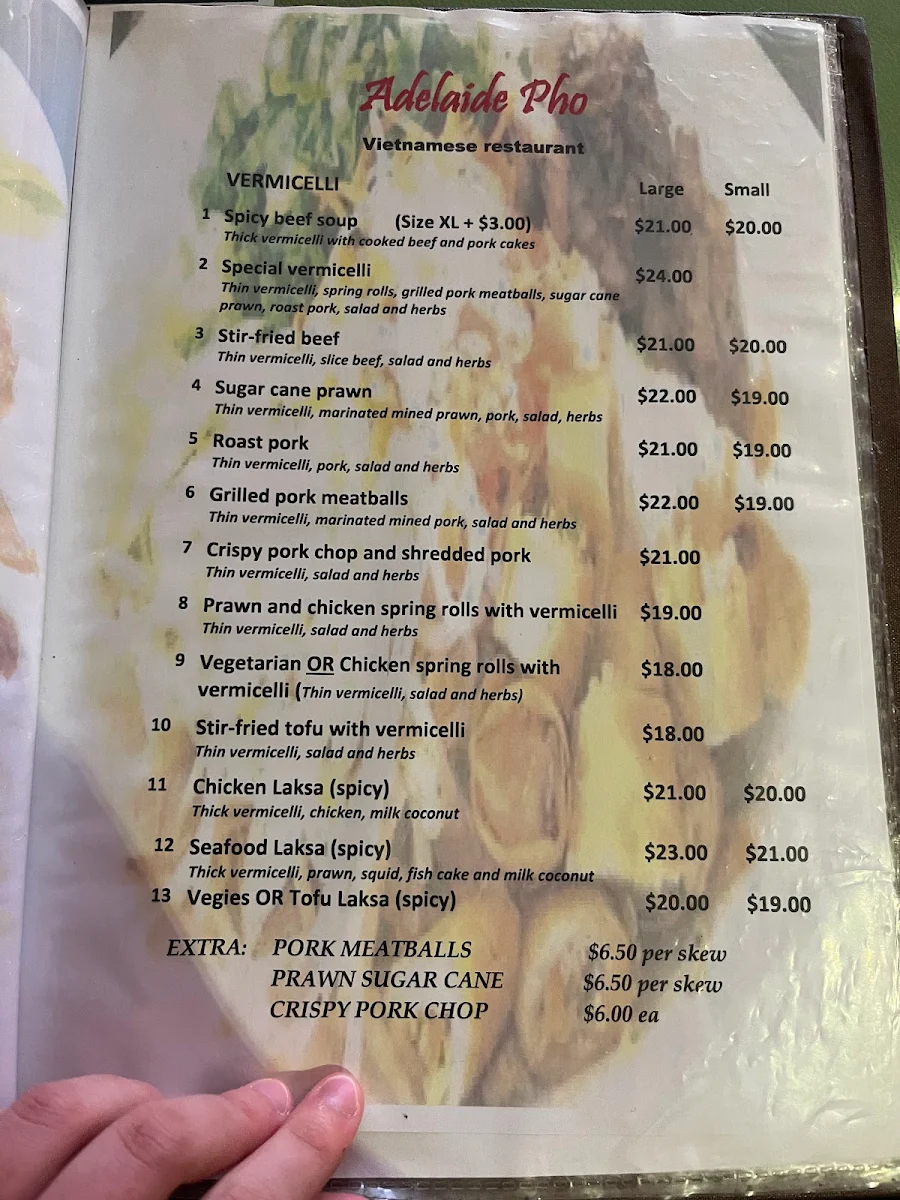 Menu, Adelaide Pho