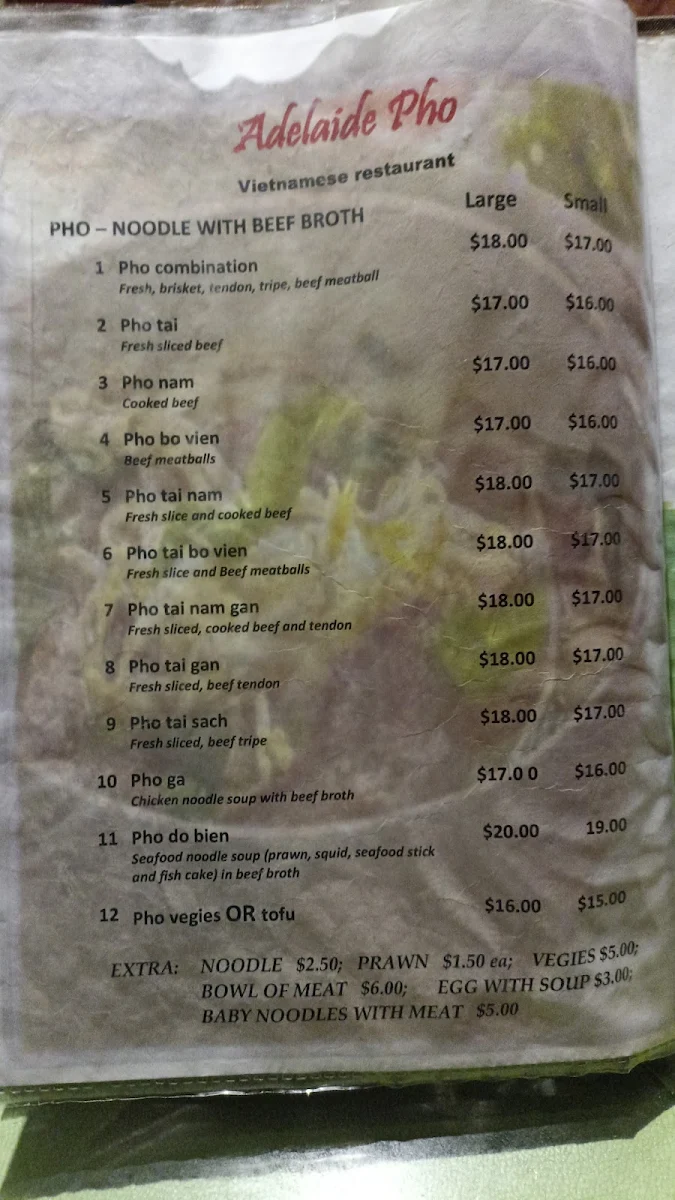 Menu, Adelaide Pho