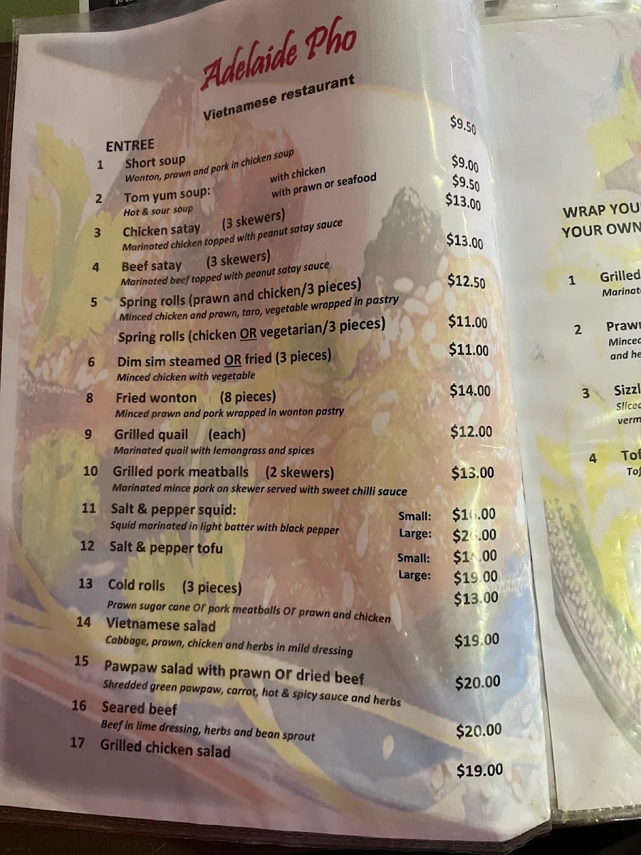 Menu, Adelaide Pho